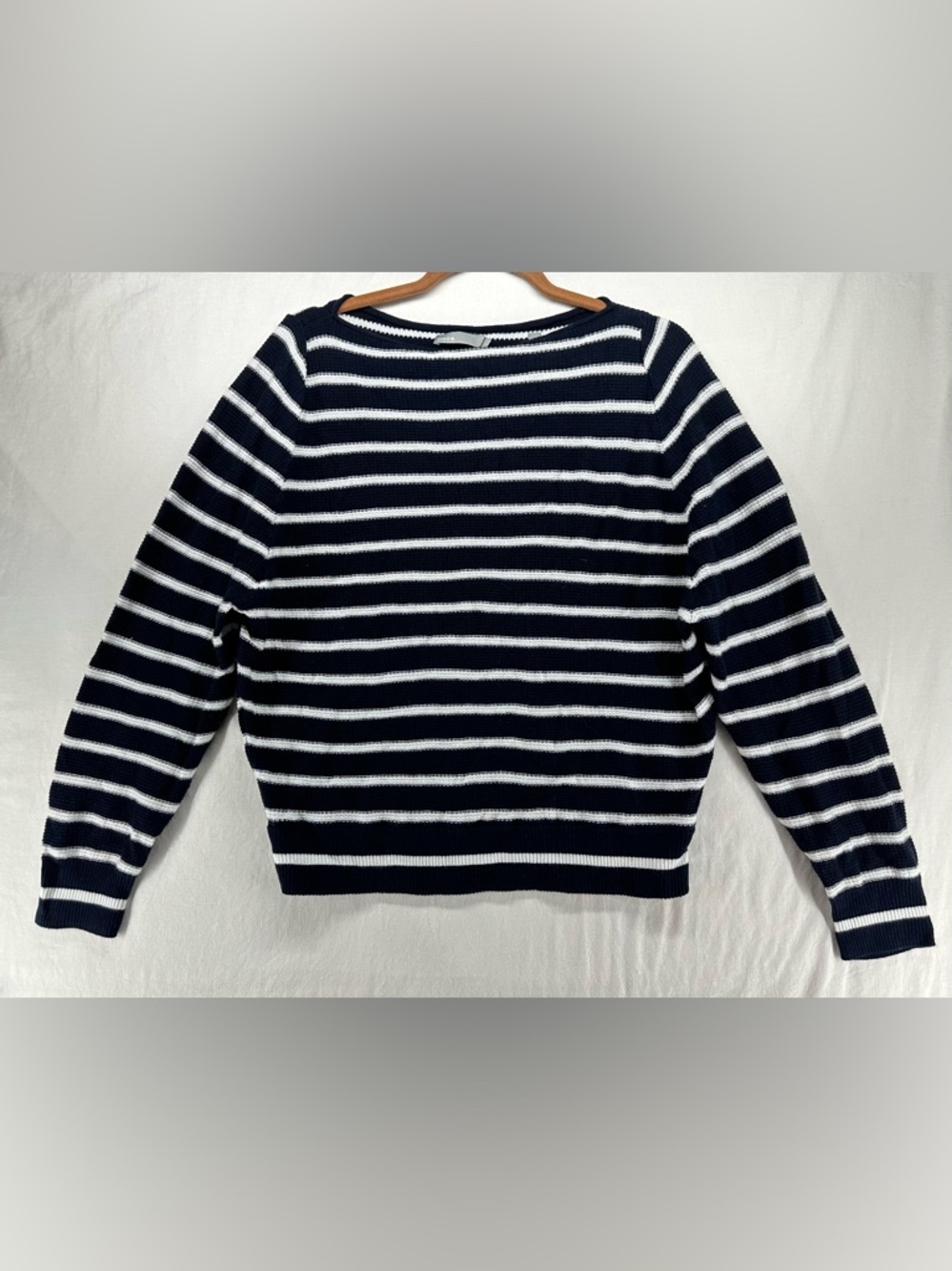 Vince Navy White Stripe Knit Boat Neck Sweater Cotton Size M Coastal Nautical